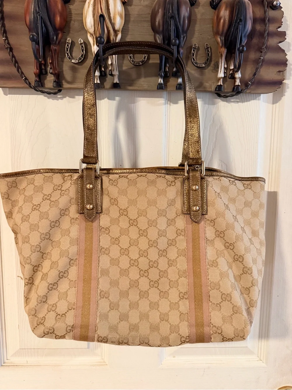 Gucci Beige Canvas Tote with Pink Stripe and Gold Handles